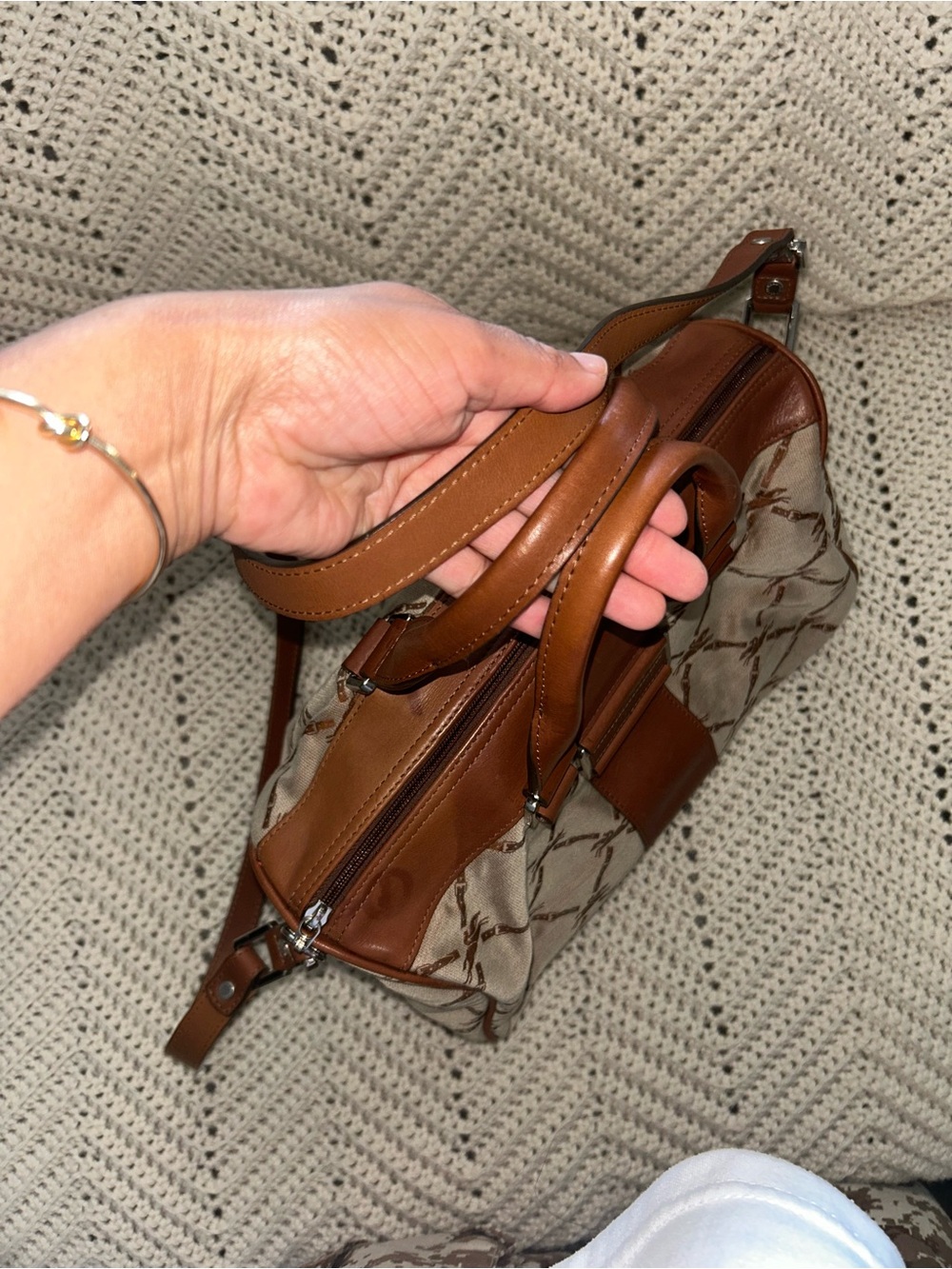Longchamp Beige & Brown Monogram Top-Handle Satchel - Picture 9 of 11